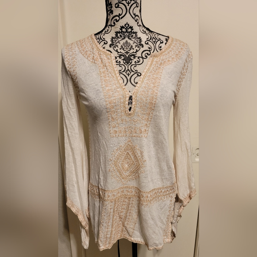 Calypso St Barth Etasa Linen Embroidered Tunic Top XS Ivory/Gold‎